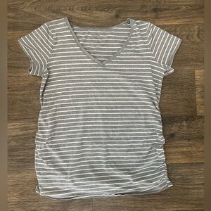 Motherhood Maternity Heather Gray Striped V-Neck Tee Ruched Side Size Large Lg